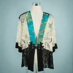 Spencer Alexis Size XL White Black Teal Floral Print Short Sleeve Dress Jacket